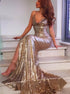 V Neck Mermaid Sequins Golden Prom Dresses With Slit LBQ2094